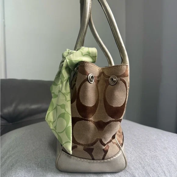 Coach Tan and Green Satchel with Bow Accent - Picture 2 of 10